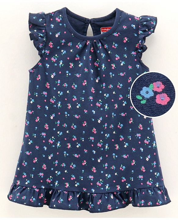 Babyhug Frill Sleeves Nighty Floral Print - Navy Blue