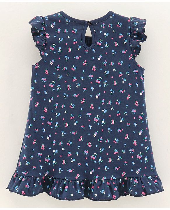 Babyhug Frill Sleeves Nighty Floral Print - Navy Blue