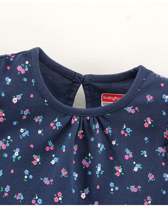 Babyhug Frill Sleeves Nighty Floral Print - Navy Blue