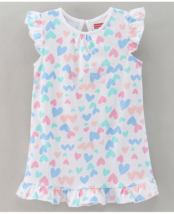 Babyhug Short Sleeves Nighty Heart Print - White