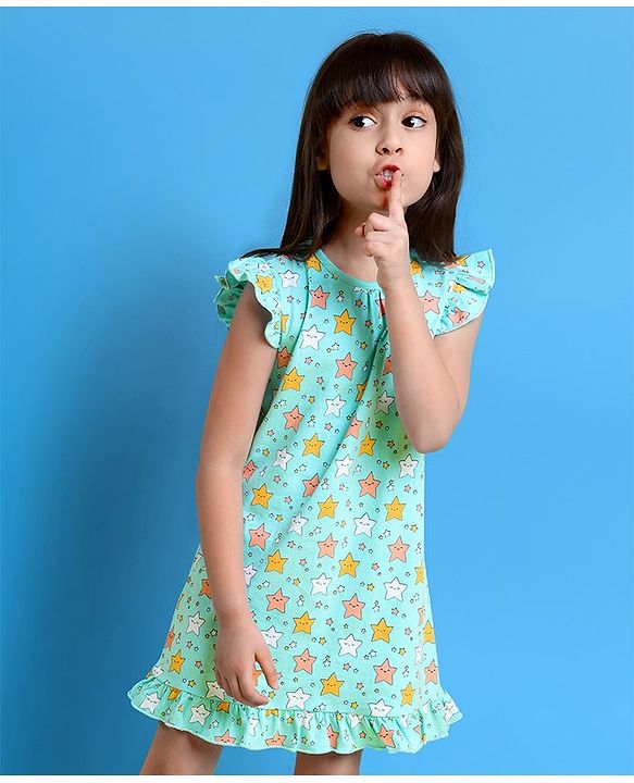 Babyhug Short Frill Sleeves Nighty Star Print - Blue
