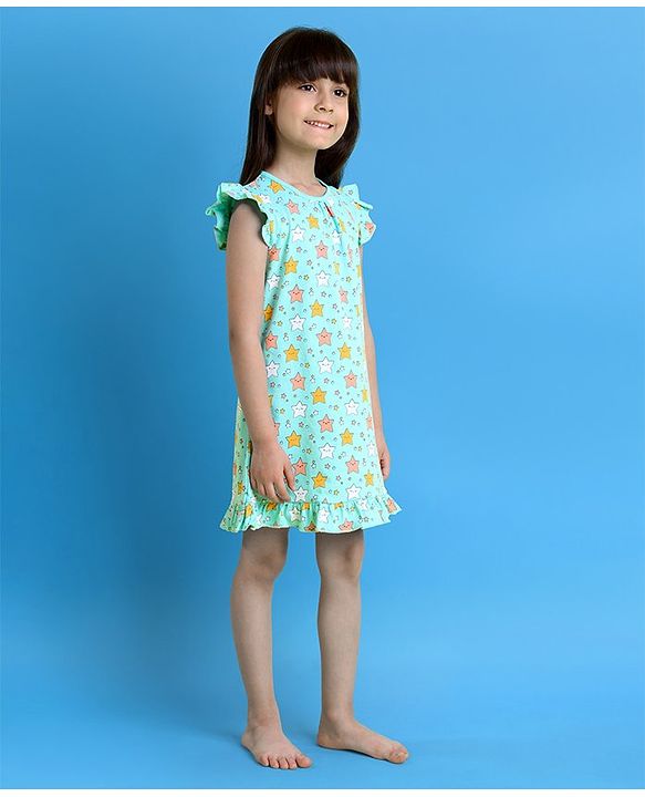 Babyhug Short Frill Sleeves Nighty Star Print - Blue