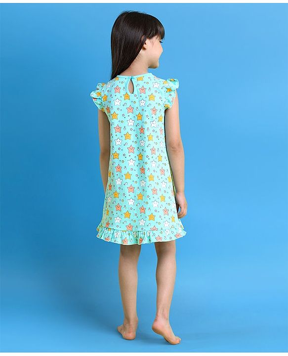 Babyhug Short Frill Sleeves Nighty Star Print - Blue