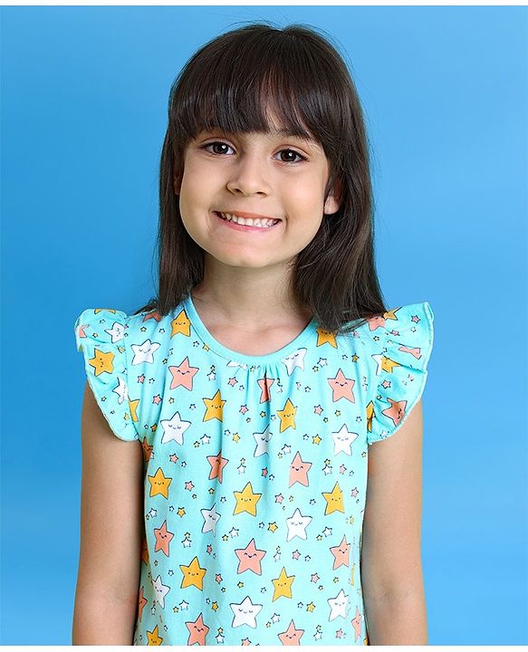 Babyhug Short Frill Sleeves Nighty Star Print - Blue