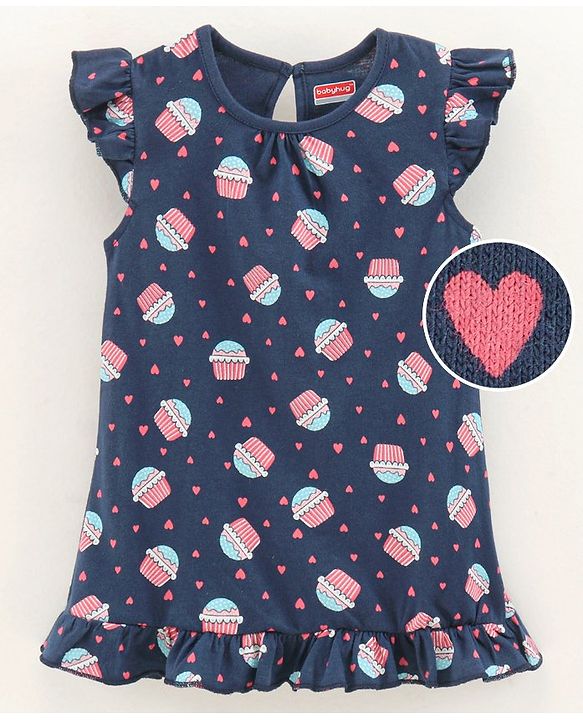 Babyhug Frill Sleeves Nighty Cupcake Print - Navy Blue