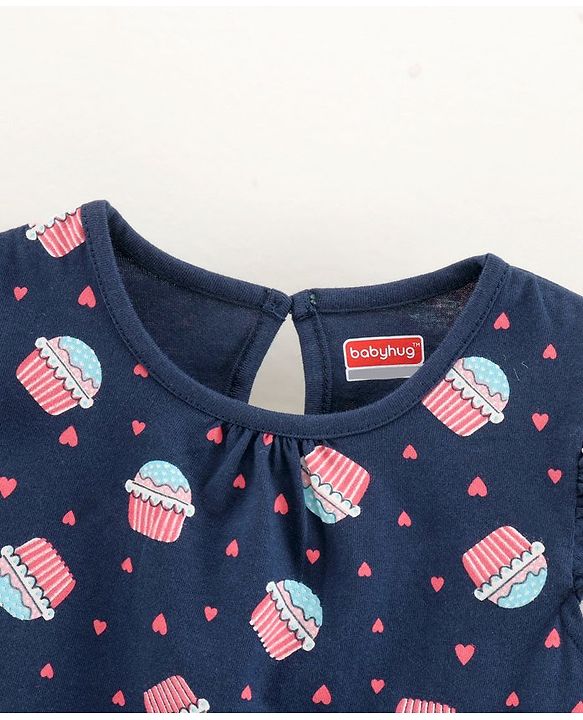 Babyhug Frill Sleeves Nighty Cupcake Print - Navy Blue