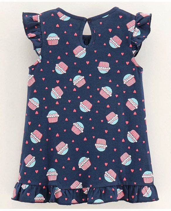 Babyhug Frill Sleeves Nighty Cupcake Print - Navy Blue