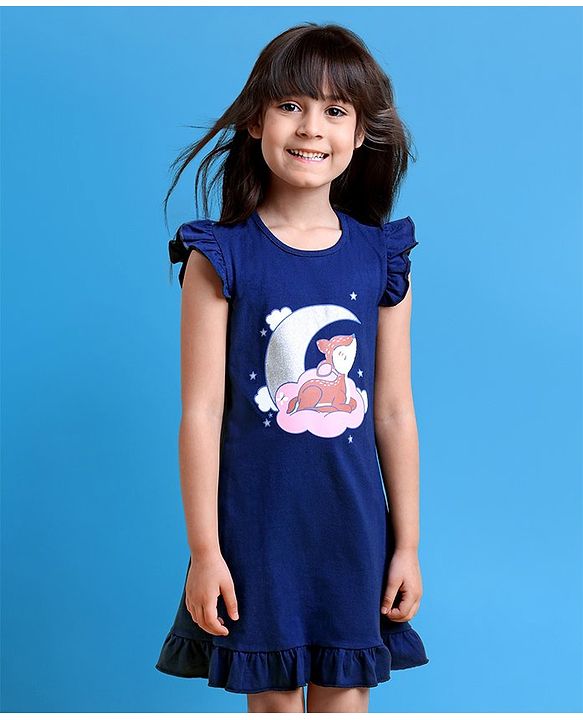 Babyhug Short Frill Sleeves Nighty Deer Print - Navy