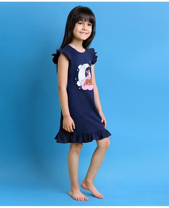 Babyhug Short Frill Sleeves Nighty Deer Print - Navy