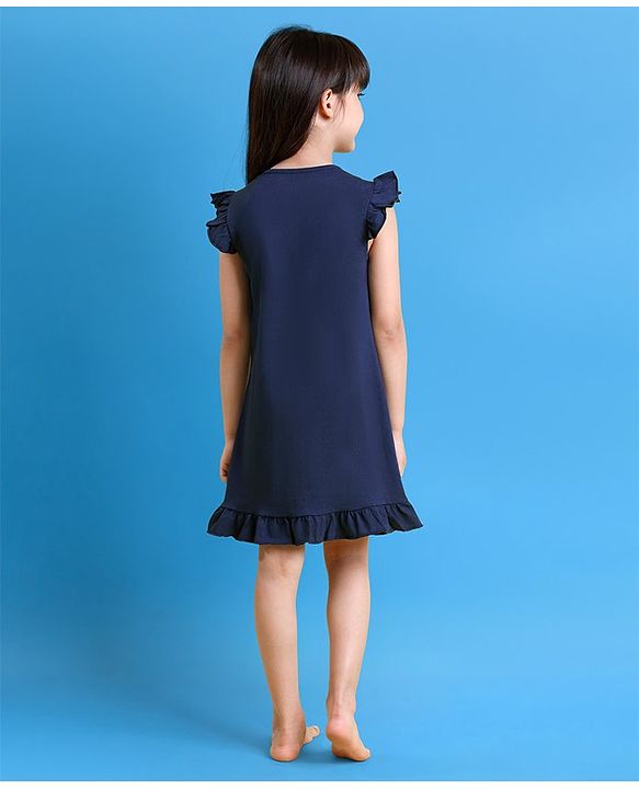 Babyhug Short Frill Sleeves Nighty Deer Print - Navy