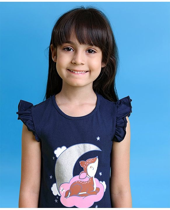 Babyhug Short Frill Sleeves Nighty Deer Print - Navy