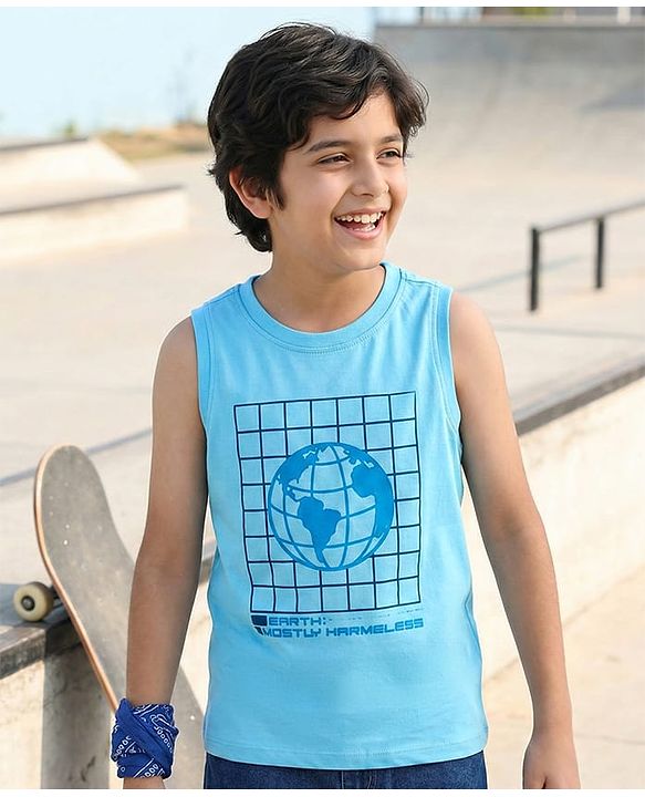 Pine Kids Sleeveless Tee With Globe Print - Blue