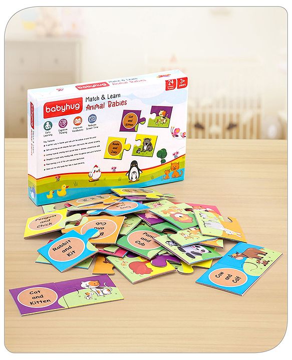 Babyhug 48 Pcs Colorful Match & Learn Animal Babies Puzzle| 24 Animal Mother Babies Combination Montessori Learning and Educational Puzzle for 2-4 Years Kids| Pre-School and Early Learning Gifting Toy| BIS Certified