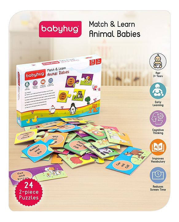 Babyhug 48 Pcs Colorful Match & Learn Animal Babies Puzzle| 24 Animal Mother Babies Combination Montessori Learning and Educational Puzzle for 2-4 Years Kids| Pre-School and Early Learning Gifting Toy| BIS Certified
