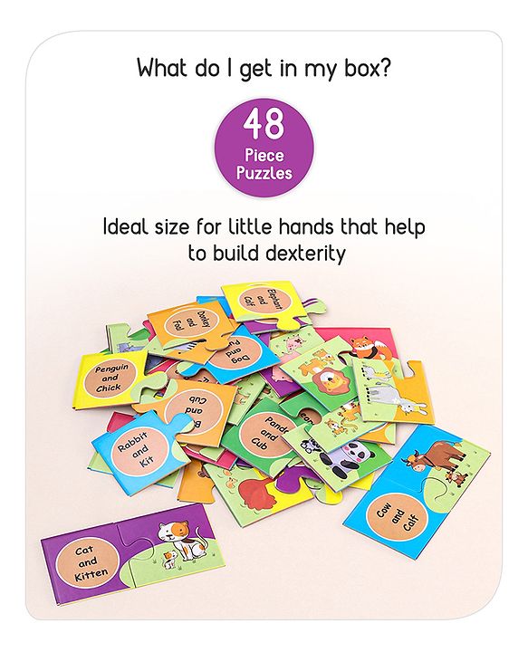 Babyhug 48 Pcs Colorful Match & Learn Animal Babies Puzzle| 24 Animal Mother Babies Combination Montessori Learning and Educational Puzzle for 2-4 Years Kids| Pre-School and Early Learning Gifting Toy| BIS Certified
