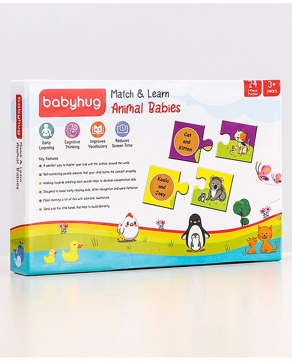 Babyhug 48 Pcs Colorful Match & Learn Animal Babies Puzzle| 24 Animal Mother Babies Combination Montessori Learning and Educational Puzzle for 2-4 Years Kids| Pre-School and Early Learning Gifting Toy| BIS Certified