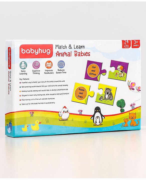 Babyhug 48 Pcs Colorful Match & Learn Animal Babies Puzzle| 24 Animal Mother Babies Combination Montessori Learning and Educational Puzzle for 2-4 Years Kids| Pre-School and Early Learning Gifting Toy| BIS Certified