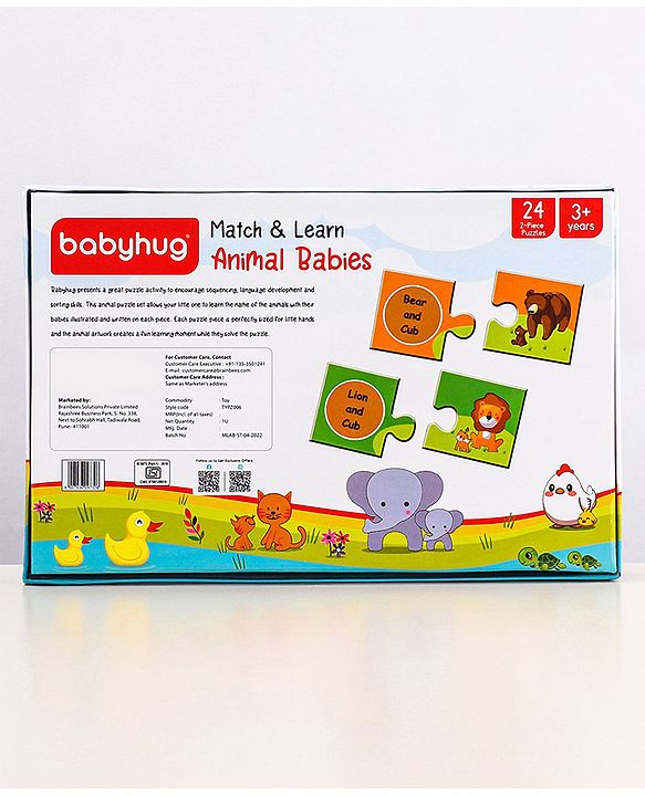 Babyhug 48 Pcs Colorful Match & Learn Animal Babies Puzzle| 24 Animal Mother Babies Combination Montessori Learning and Educational Puzzle for 2-4 Years Kids| Pre-School and Early Learning Gifting Toy| BIS Certified