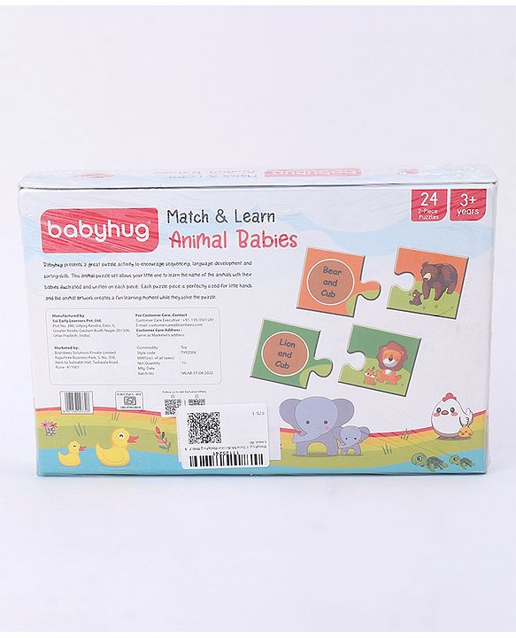 Babyhug 48 Pcs Colorful Match & Learn Animal Babies Puzzle| 24 Animal Mother Babies Combination Montessori Learning and Educational Puzzle for 2-4 Years Kids| Pre-School and Early Learning Gifting Toy| BIS Certified