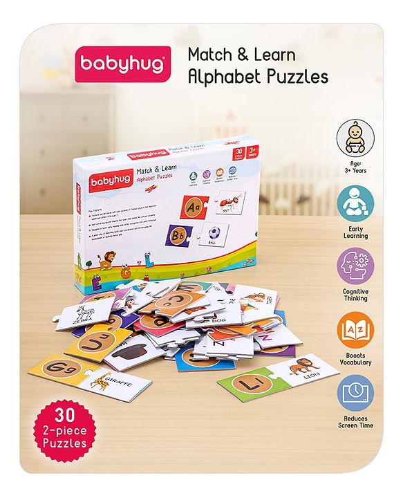 Babyhug 60 Pcs Colorful Match & Learn Capital and Small Alphabet Puzzle| 30 Puzzle Combination Montessori Learning and Educational Puzzle for 2-4 Years Kids| Pre-School and Early Learning Gifting Toy| BIS Certified