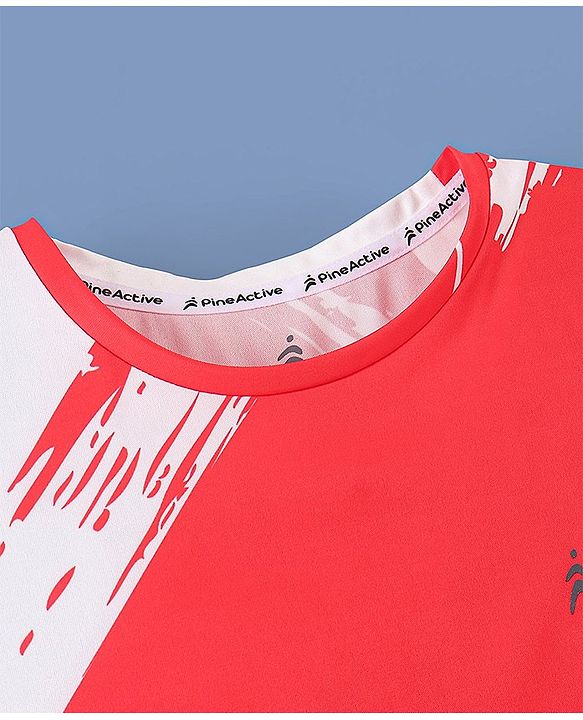 Pine Active Half Sleeves Sportswear T-Shirt Abstract Printed - Red