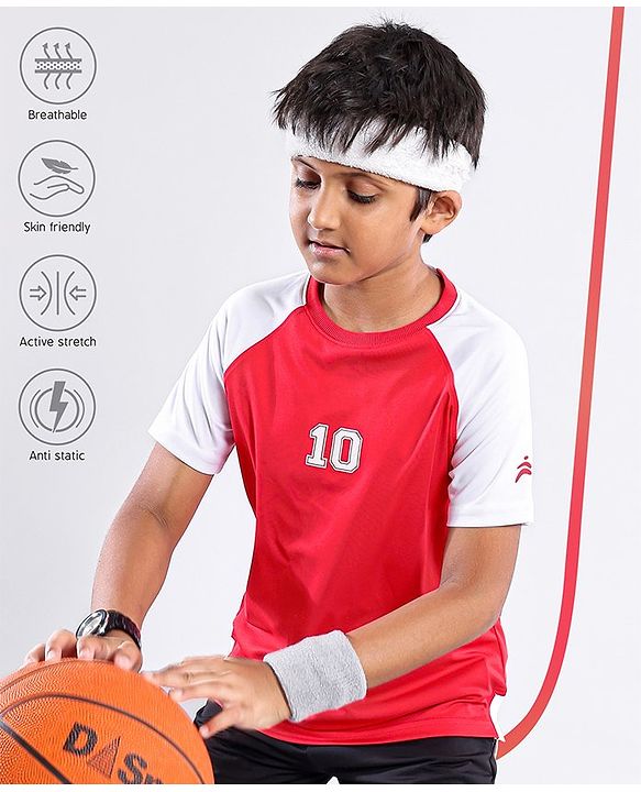 Pine Active Skin Friendly & Breathable Raglan Sleeves Sports Tee Numeric 10 Print - Red White