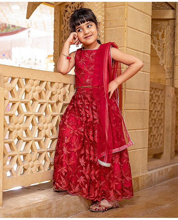 Babyhug Sleeveless Choli Lehenga & Dupatta Leaf Embroidered - Red