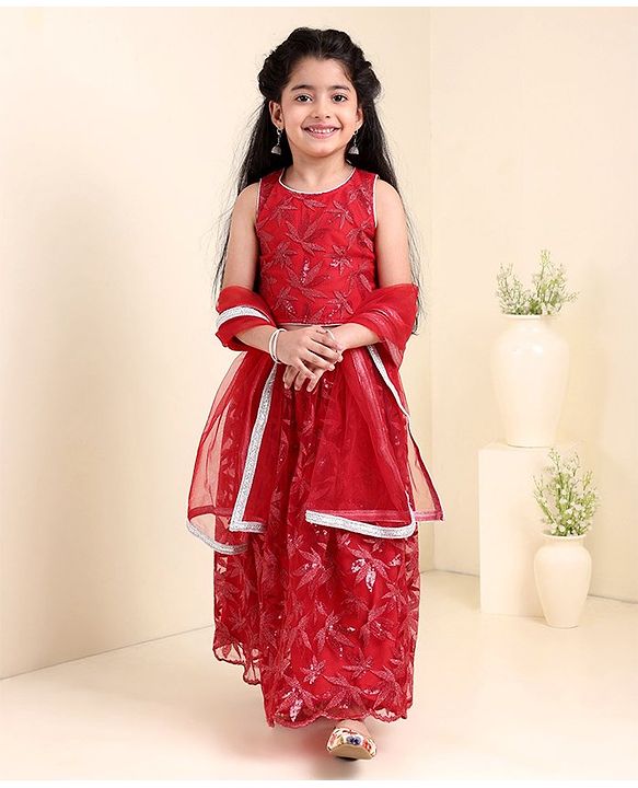 Babyhug Sleeveless Choli Lehenga & Dupatta Leaf Embroidered - Red