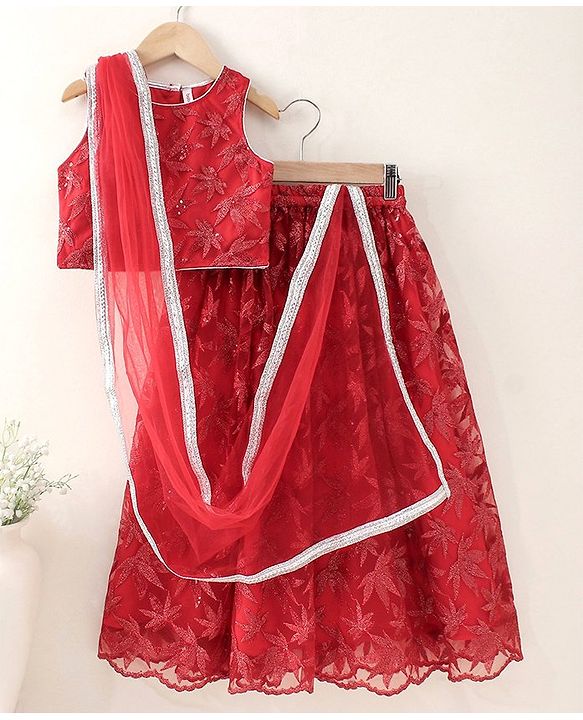 Babyhug Sleeveless Choli Lehenga & Dupatta Leaf Embroidered - Red