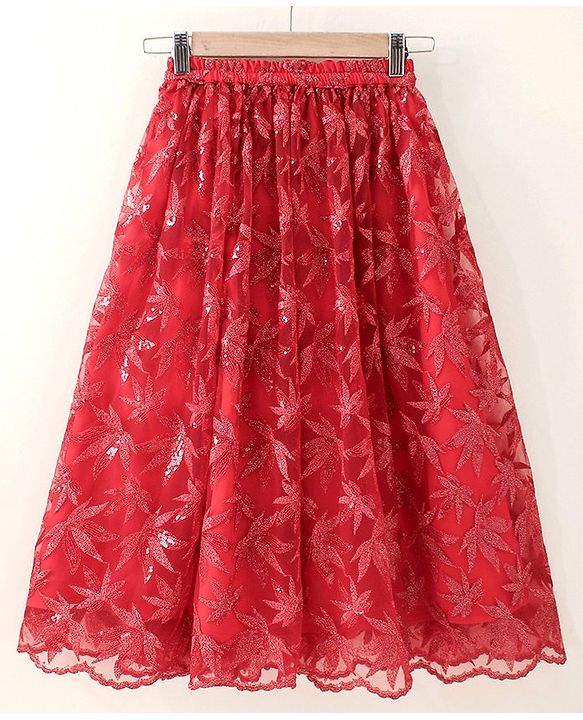 Babyhug Sleeveless Choli Lehenga & Dupatta Leaf Embroidered - Red