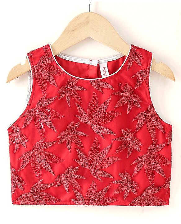 Babyhug Sleeveless Choli Lehenga & Dupatta Leaf Embroidered - Red