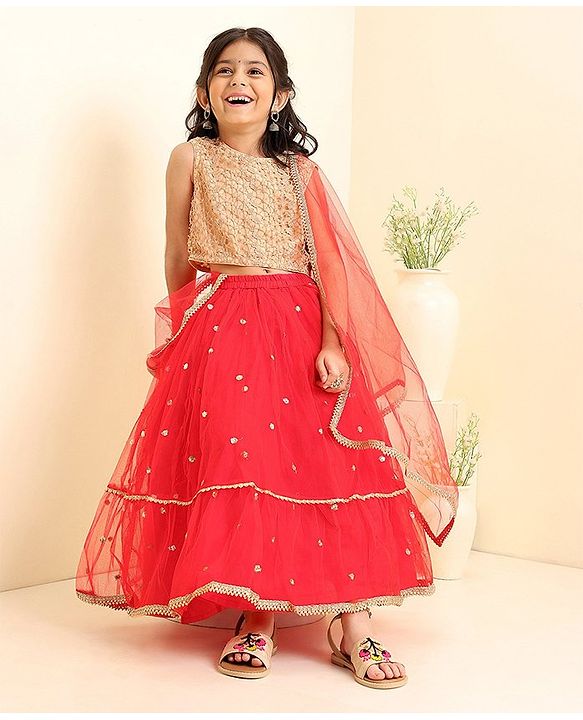 Babyhug Sleeveless Choli & Flared Lehenga Set With Dupatta - Red