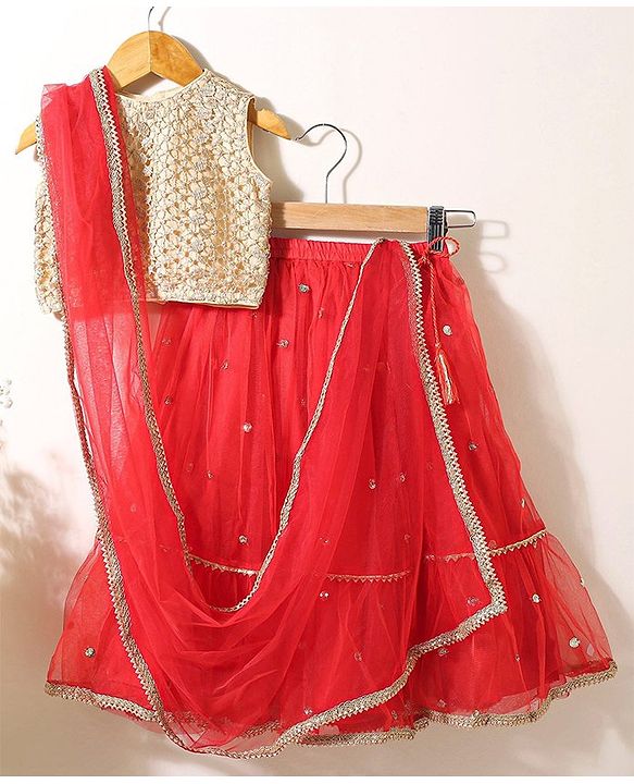 Babyhug Sleeveless Choli & Flared Lehenga Set With Dupatta - Red