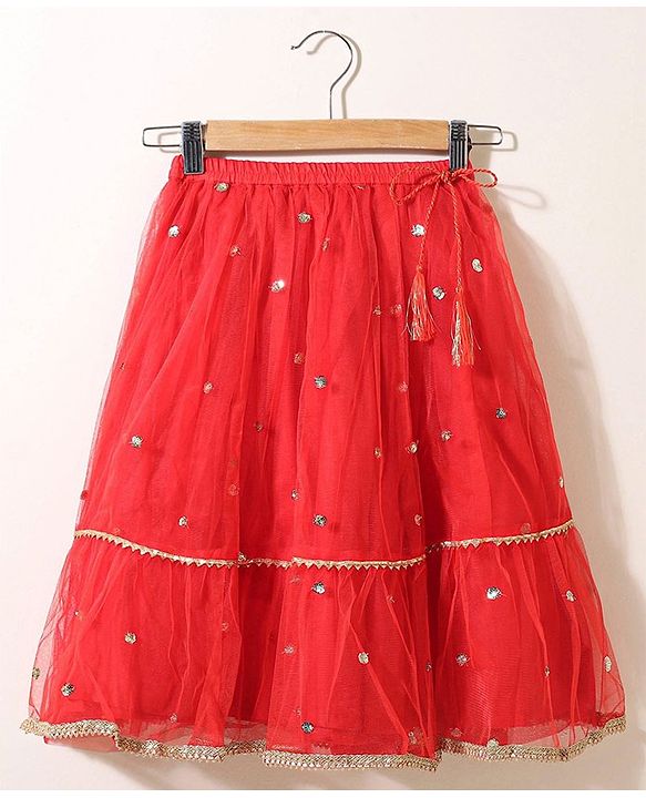 Babyhug Sleeveless Choli & Flared Lehenga Set With Dupatta - Red