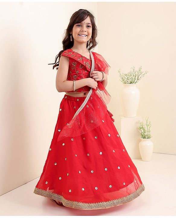 Babyhug Sleeveless Choli & Lehenga Set With Dupatta Ethnic Print - Red