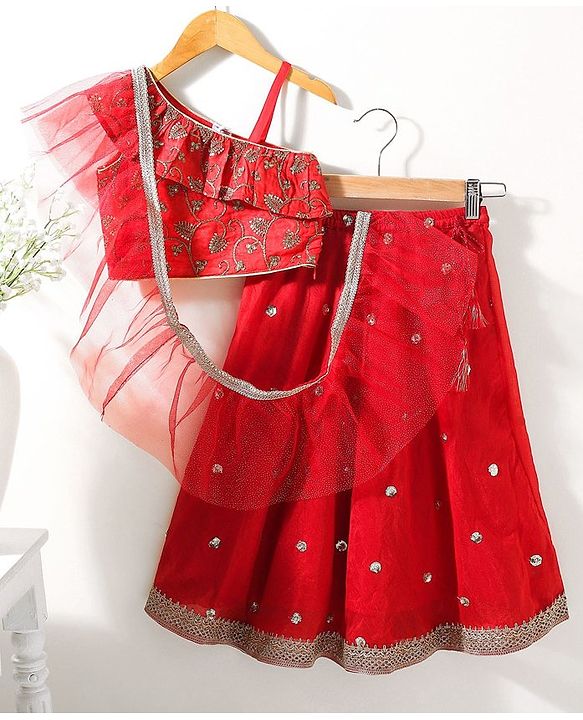 Babyhug Sleeveless Choli & Lehenga Set With Dupatta Ethnic Print - Red