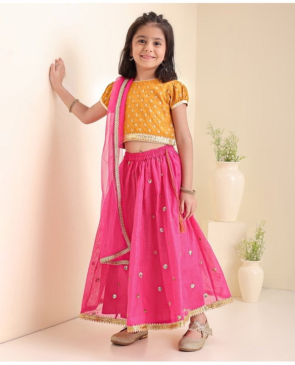 Babyhug Short Sleeves Sequined Choli & Flared Lehenga Set With Dupatta - Pink Orange