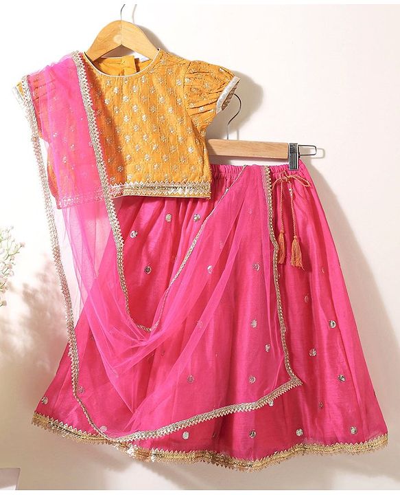 Babyhug Short Sleeves Sequined Choli & Flared Lehenga Set With Dupatta - Pink Orange
