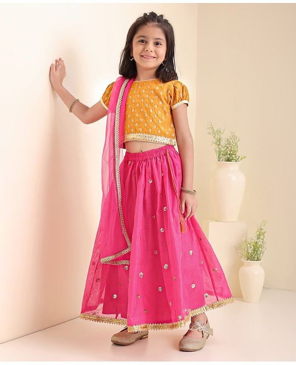 Babyhug Short Sleeves Sequined Choli & Flared Lehenga Set With Dupatta - Pink Orange