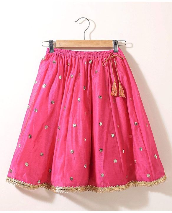 Babyhug Short Sleeves Sequined Choli & Flared Lehenga Set With Dupatta - Pink Orange