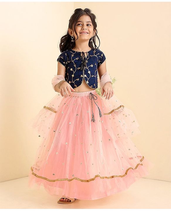 Babyhug Short Sleeves Sequined Choli & Flared Lehenga Set With Dupatta - Peach Blue
