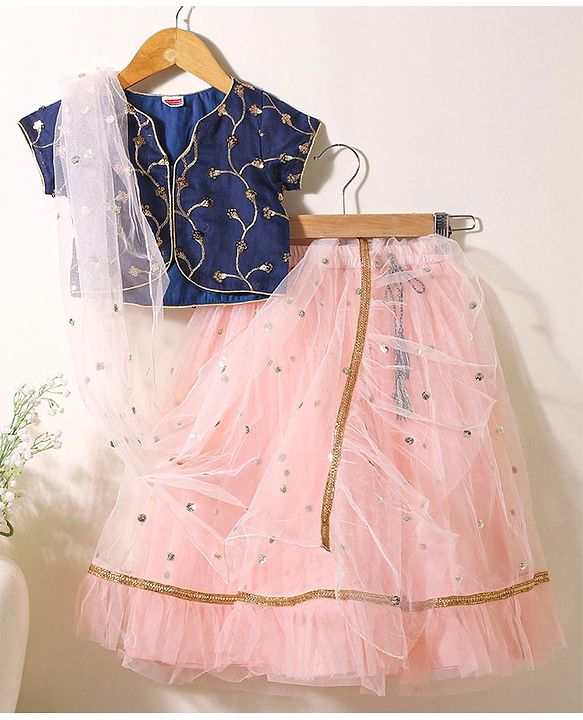 Babyhug Short Sleeves Sequined Choli & Flared Lehenga Set With Dupatta - Peach Blue