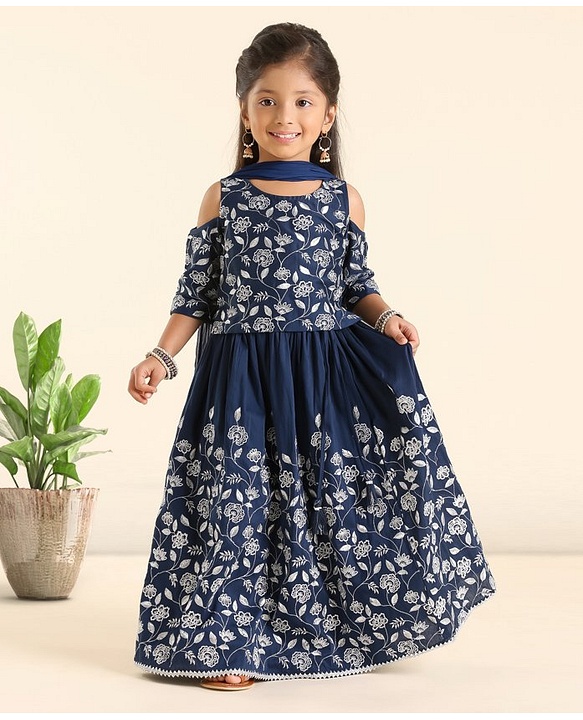 Babyhug Cold Shoulder Choli Lehenga And Dupatta Embroidered - Navy