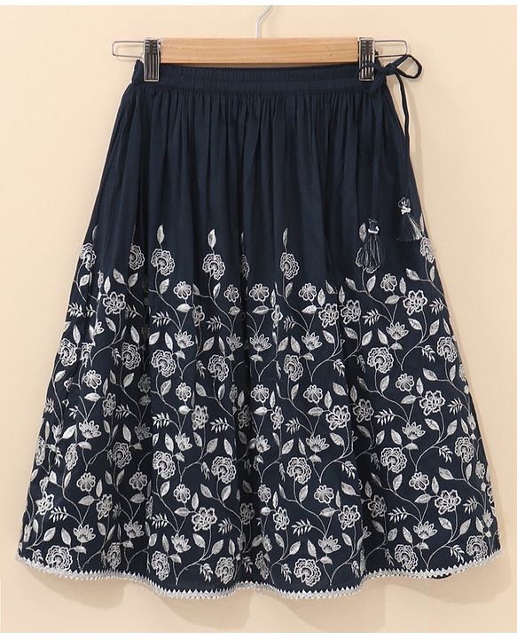 Babyhug Cold Shoulder Choli Lehenga And Dupatta Embroidered - Navy