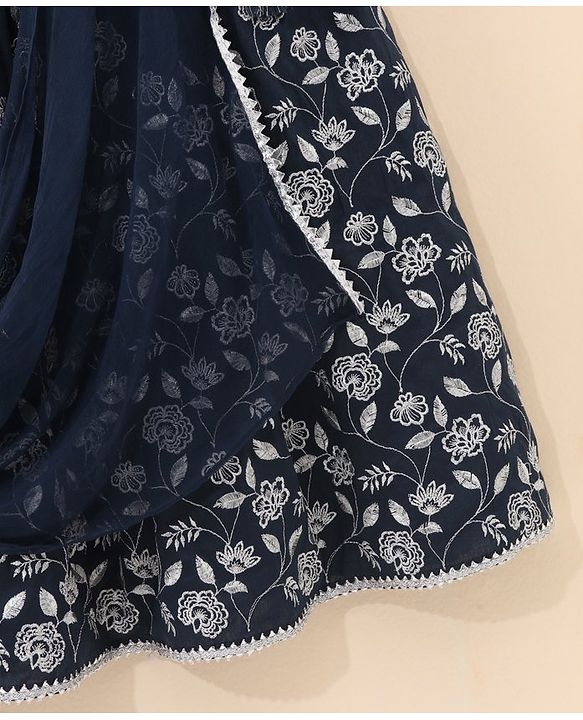 Babyhug Cold Shoulder Choli Lehenga And Dupatta Embroidered - Navy