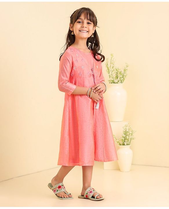 Babyhug Three Fourth Sleeves Embroidered Frock - Pink