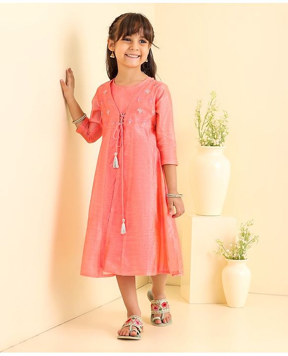 Babyhug Three Fourth Sleeves Embroidered Frock - Pink