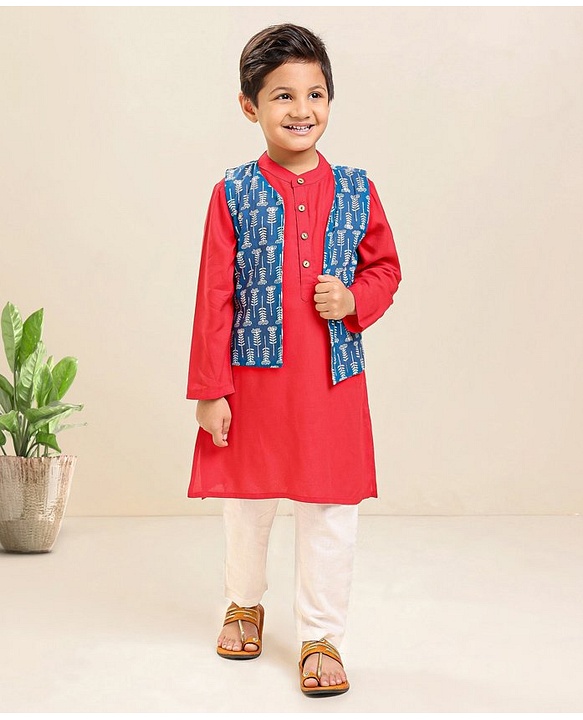 Babyhug Full Sleeves Cotton Solid Kurta and Pyjama Set with Printed Jacket - Red