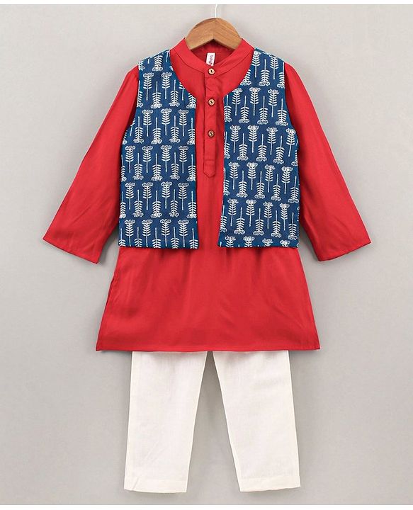 Babyhug Full Sleeves Cotton Solid Kurta and Pyjama Set with Printed Jacket - Red