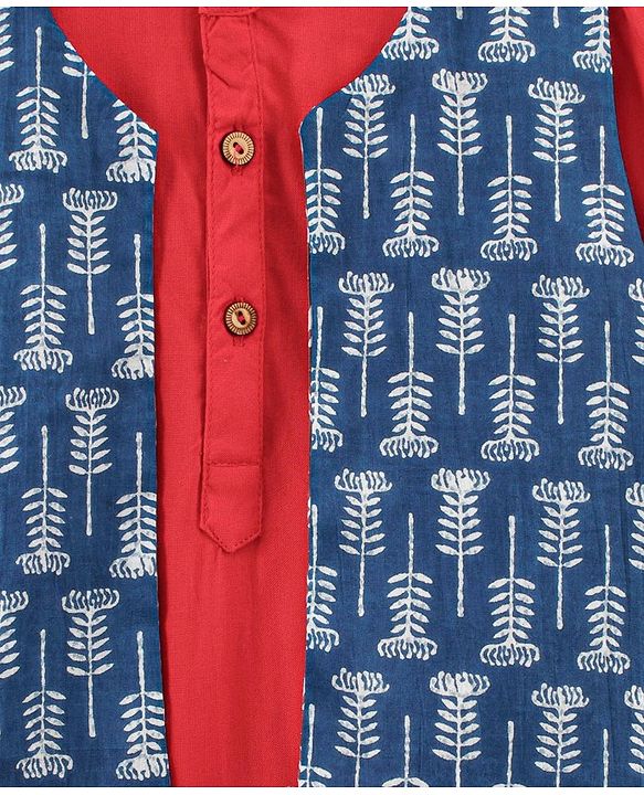 Babyhug Full Sleeves Cotton Solid Kurta and Pyjama Set with Printed Jacket - Red